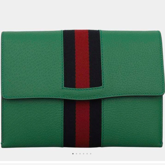 Gucci Green Leather Web Clutch - Picture 1 of 6